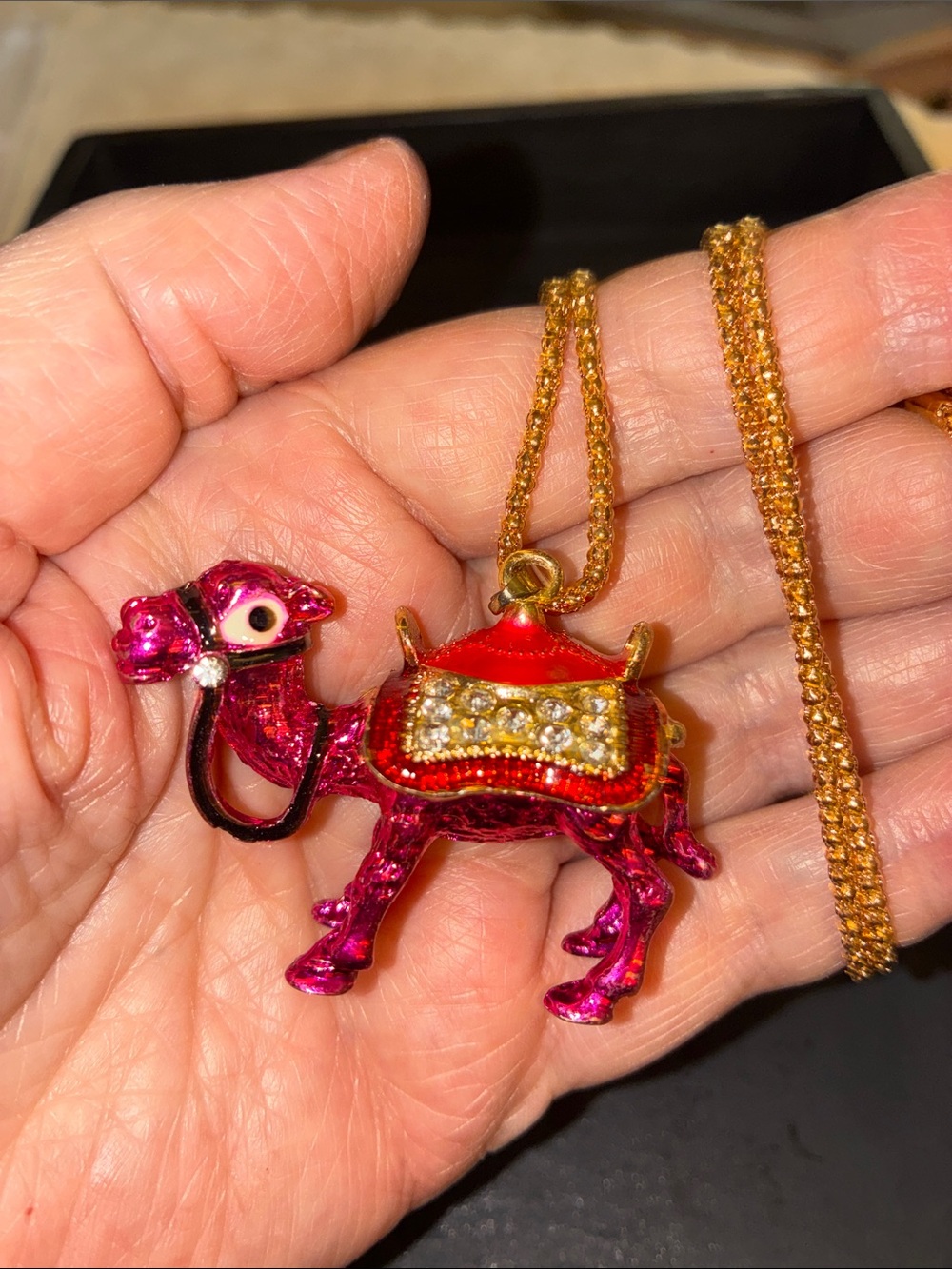 Camel Pink Enamel Pendant Necklace with Clear Crystals On The Saddle. Stands